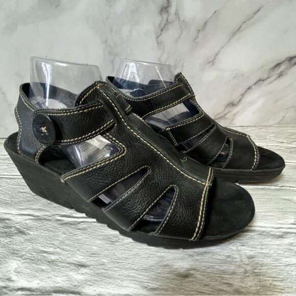 Aerosoles Women's Black Leather Shopping Bog Wedge Heel Platform Sandals - Picture 1 of 16